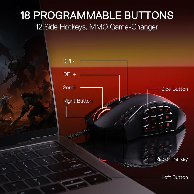 Redragon M921 MMO Gaming Mouse, 12400 DPI High Precision Wired RGB Mice W/18 Programmable Buttons, 12 Side Macro Keys, Software Supports for PC Laptop