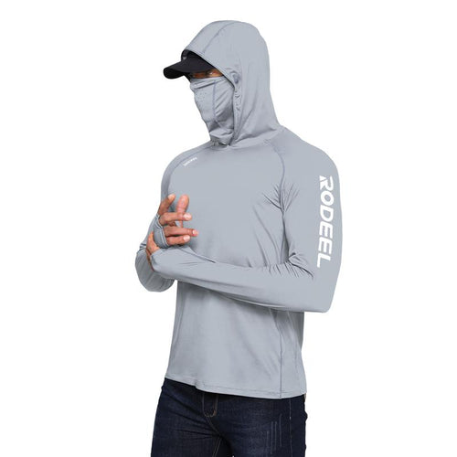 RODEEL 936 Sun Hoodie Shirt W/ UV Detection Mask Neck Gaiter Thumbhole Men UPF 100+ Sun Protection Raglan Long Sleeve Lightweight Quick Dry Moisture Wicking Breathable Cooling Athletic Activewear for Outdoor Hiking Fishing Construction Roofing Landscaping