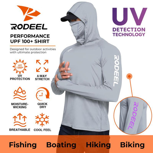 RODEEL 936 Sun Hoodie Shirt W/ UV Detection Mask Neck Gaiter Thumbhole Men UPF 100+ Sun Protection Raglan Long Sleeve Lightweight Quick Dry Moisture Wicking Breathable Cooling Athletic Activewear for Outdoor Hiking Fishing Construction Roofing Landscaping